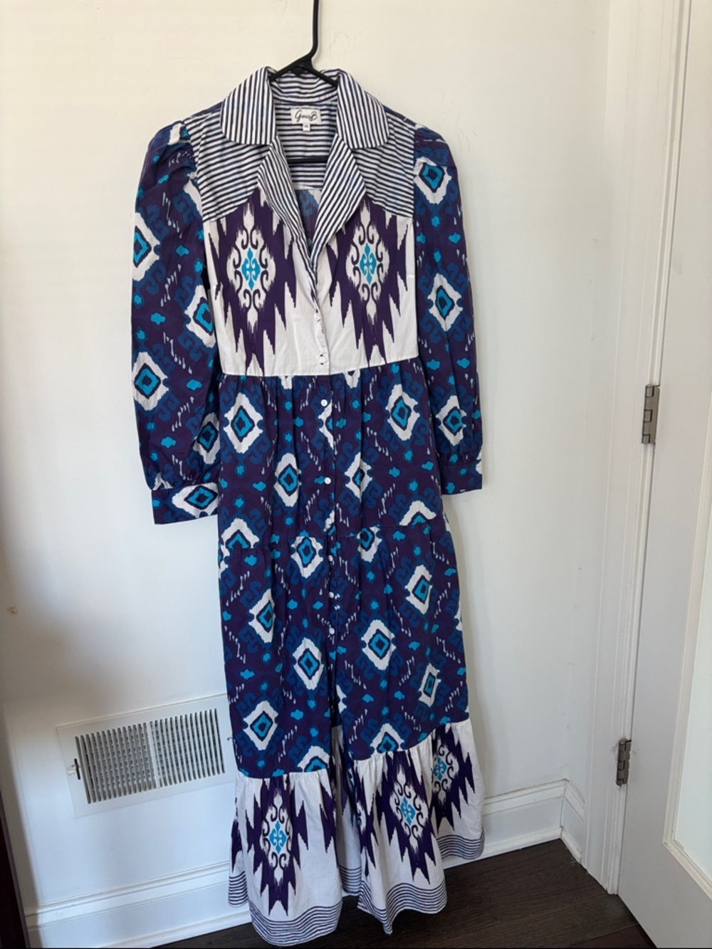 Garrie B maxi dress, Ikat print, blue/white/purple, tiers, long sleeve, size XS